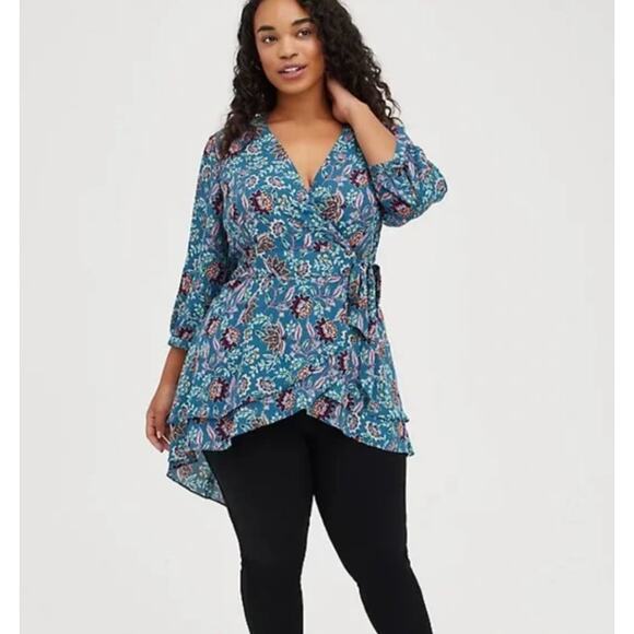 TORRID Blue Floral Georgette Wrap Tunic Blouse Women's Size 2X NWT Paisley - Picture 8 of 8